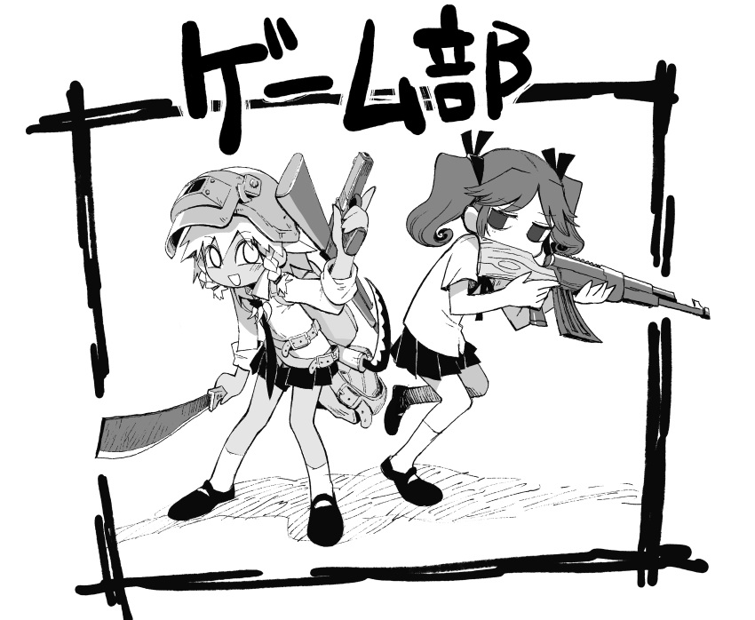 2girls absurdres altyn_helmet assault_rifle backpack bad_gun_anatomy bag braid braided_sidelock collared_shirt commentary_request copyright_name curly_hair full_body game-bu_(manga) greyscale gun gundam_(vxrwvww) hair_ribbon half-closed_eyes hand_up handgun highres holding holding_gun holding_weapon index_finger_raised jewelry kneehighs leaning_forward machete monochrome morishita_manami mozou_crystal_(style) multiple_girls necklace necktie no_pupils omotebayashi_tatakaubeshi open_mouth parted_bangs playerunknown's_battlegrounds ribbon rifle shirt sickle smile socks standing standing_on_one_leg tooth_necklace twin_braids twintails visor_(armor) weapon weapon_on_back