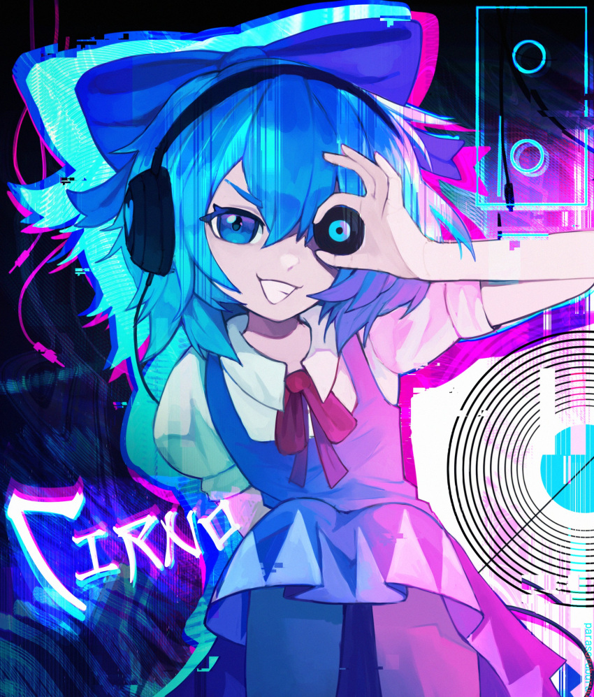 1girl abstract_background absurdres audio_cable blue_bow blue_dress blue_eyes blue_hair bow cable character_name chromatic_aberration cirno clenched_teeth collared_shirt covering_own_eyes dress glitch hair_between_eyes hair_bow hand_up headphones highres holding knees_up looking_at_viewer neon_palette one_eye_covered parasoru_buruu puffy_short_sleeves puffy_sleeves recurring_image red_ribbon ribbon shirt short_hair short_sleeves silhouette sitting smile solo teeth touhou upper_body v-shaped_eyebrows white_shirt