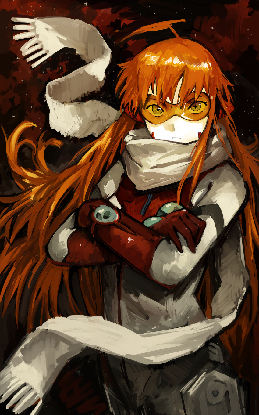 1girl absurdres ahoge bodysuit closed_mouth cross-shaped_pupils crossed_arms floating_hair highres kornod long_hair looking_at_viewer nono_(top_wo_nerae_2!) orange-tinted_eyewear orange_hair scarf solo sunglasses symbol-shaped_pupils tinted_eyewear top_wo_nerae_2! white_bodysuit white_scarf
