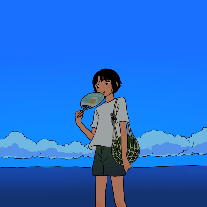 1girl absurdres bag black_eyes black_shorts blue_sky choppy_bangs clouds commentary_request day fanning_self feet_out_of_frame food fruit fucca hand_fan hand_up highres holding holding_fan looking_to_the_side net ocean original outdoors paper_fan parted_lips shirt short_hair short_sleeves shorts shoulder_bag sky solo standing t-shirt uchiwa watermelon white_shirt