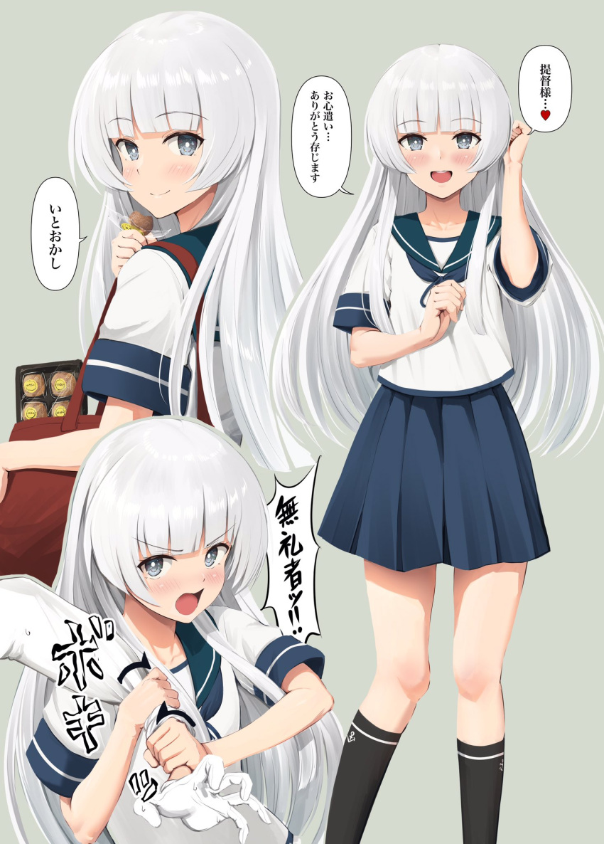 1girl black_socks blue_sailor_collar blue_skirt blunt_bangs food from_behind gloves grey_background grey_eyes grey_hair highres holding holding_another's_wrist holding_food ichikawa_feesu kantai_collection kneehighs legs_apart long_hair long_sleeves looking_at_viewer looking_back miniskirt multiple_views open_mouth pleated_skirt sailor_collar shirakumo_(kancolle) short_sleeves skirt socks solo_focus standing teeth thighs upper_teeth_only white_gloves