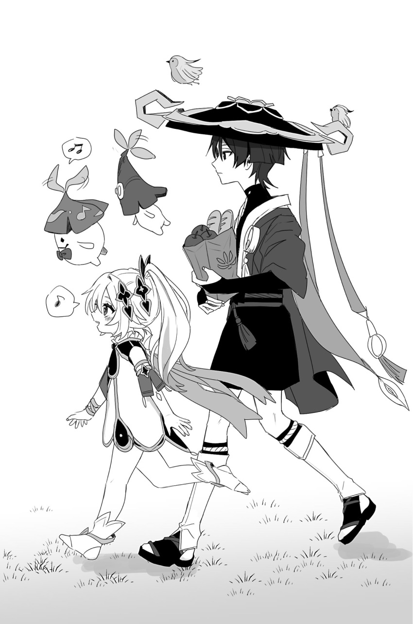 1boy 1girl apple bag baguette bird bread commentary_request floating food from_side fruit full_body genshin_impact grass greyscale hat highres holding holding_bag long_hair monochrome musical_note nahida_(genshin_impact) no6_gnsn scaramouche_(genshin_impact) short_hair side_ponytail spoken_musical_note walking wanderer_(genshin_impact)