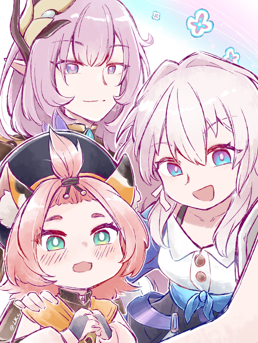 3girls animal_ear_fluff animal_ears artist_name beret black_corset black_headwear blue_eyes blue_jacket blush buttons cat_ears cat_girl closed_mouth collarbone color_connection company_connection corset diona_(genshin_impact) earrings elysia_(honkai_impact) genshin_impact green_eyes hair_between_eyes hair_color_connection hair_ornament hat highres honkai:_star_rail honkai_(series) honkai_impact_3rd interlocked_fingers jacket jewelry lkcloudelion looking_at_viewer march_7th_(honkai:_star_rail) mihoyo multiple_girls open_mouth own_hands_together pink_eyes pink_hair selfie shirt single_earring smile tied_jacket two-tone_eyes voice_actor_connection white_shirt