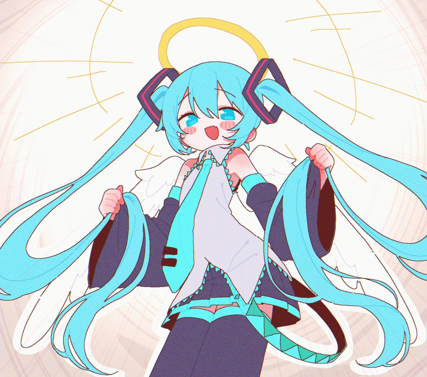 1girl angel_wings aqua_eyes aqua_hair aqua_necktie banananosongen black_skirt black_sleeves black_thighhighs blush_stickers brown_background collared_shirt commentary_request cowboy_shot detached_sleeves fang flat_chest glowing_halo gradient_background grey_shirt hair_ornament halo hatsune_miku highres holding holding_hair holding_own_hair looking_at_viewer miniskirt necktie outline pleated_skirt raised_eyebrows shirt skin_fang skirt sleeveless sleeveless_shirt smile solo thigh-highs twintails vocaloid white_background white_outline wide_sleeves wings