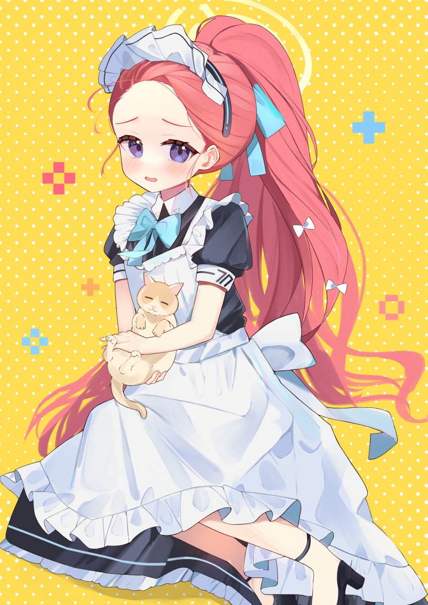 1girl absurdres animal apron black_dress black_footwear blue_archive blue_bow blush bow cat collared_dress dress forehead frilled_apron frills hair_bow halo high_heels highres long_hair looking_at_viewer maid maid_apron maid_headdress official_alternate_costume parted_lips polka_dot polka_dot_background ponytail puffy_short_sleeves puffy_sleeves redhead shishiodoshi shoes short_sleeves simple_background solo very_long_hair violet_eyes wavy_mouth white_apron white_bow yellow_background yuzu_(blue_archive) yuzu_(maid)_(blue_archive)