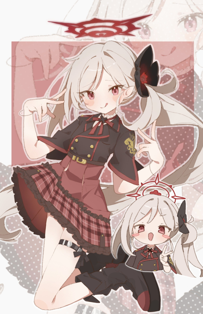 1girl :q absurdres black_flower black_footwear blue_archive blush blush_stickers boots double_v flower frills grey_hair hair_flower hair_ornament halo highres long_hair looking_at_viewer multiple_views mutsuki_(blue_archive) open_mouth pink_eyes plaid red_eyes side_ponytail thigh_strap tongue tongue_out urakichi55 v very_long_hair zoom_layer