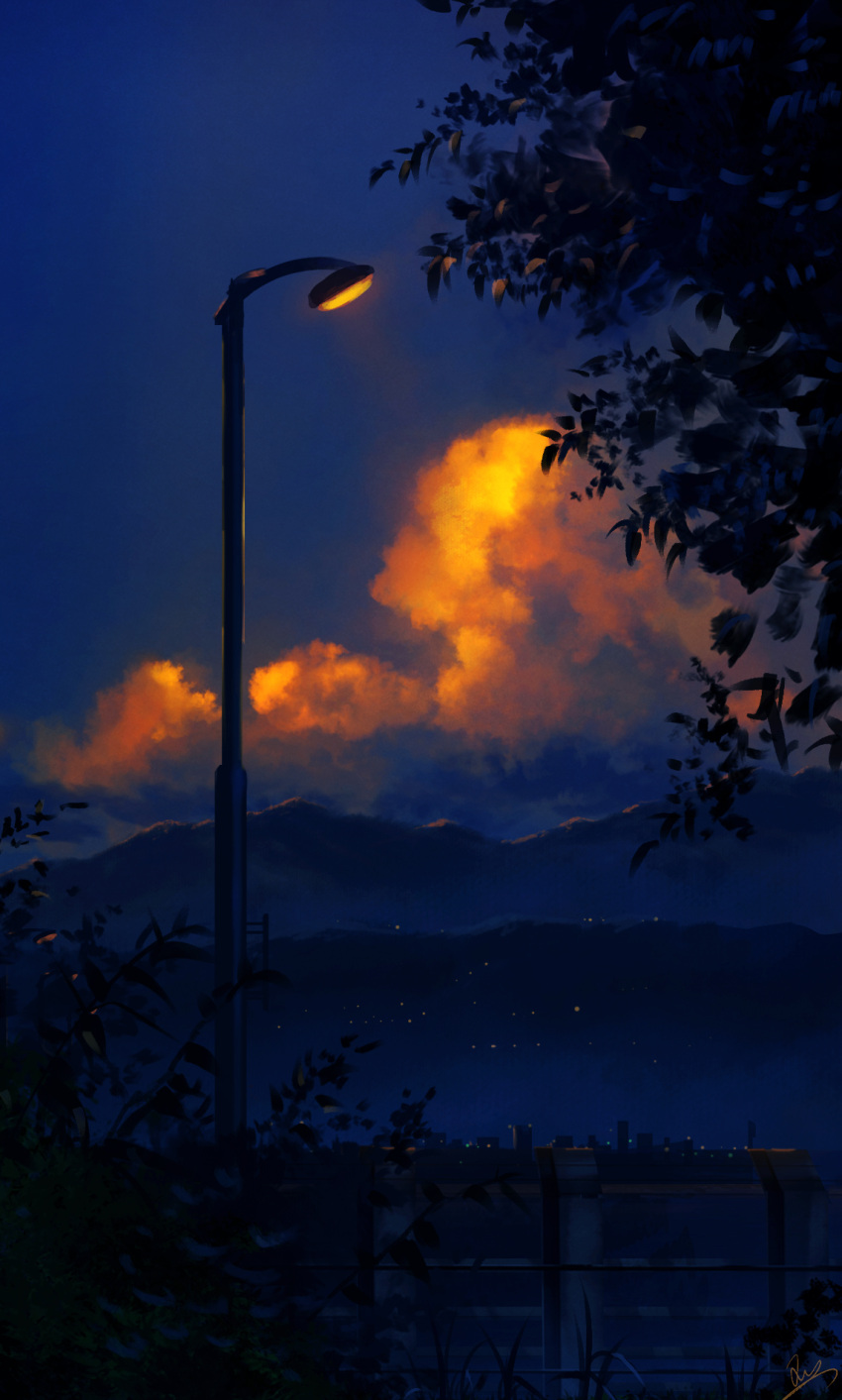 clouds highres lamppost mountain night night_sky no_humans original outdoors scenery signature sky skyrick9413 tree