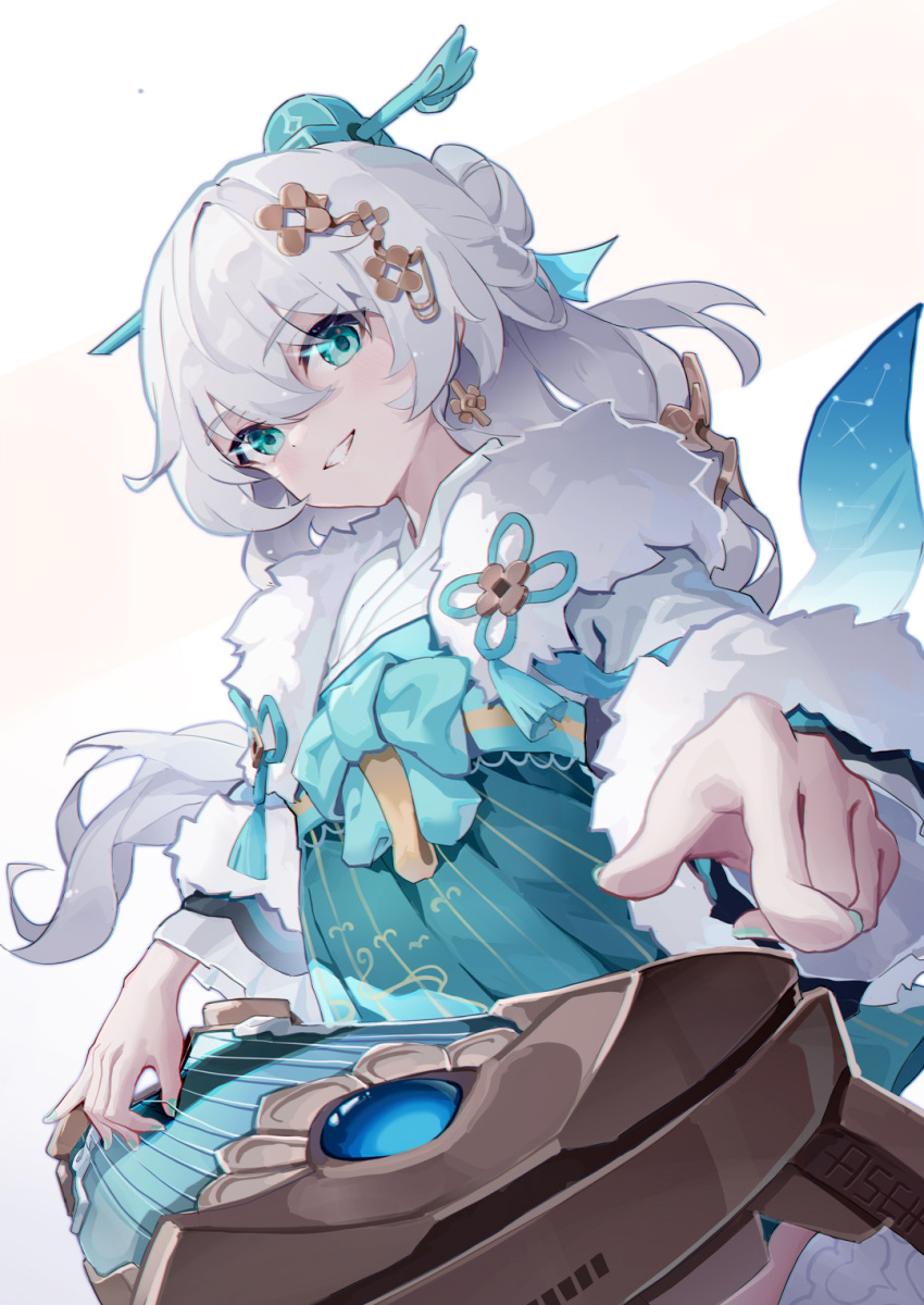 1girl :d asc11 blue_eyes chinese_clothes chinese_commentary commentary commentary_request earrings grin guzheng hair_between_eyes hair_ornament highres honkai_(series) honkai_impact_3rd instrument jewelry long_hair long_sleeves looking_at_viewer nail_polish pointing pointing_at_viewer simple_background smile solo teeth theresa_apocalypse theresa_apocalypse_(starlit_astrologos) white_background white_hair zhuge_kongming_(honkai_impact)