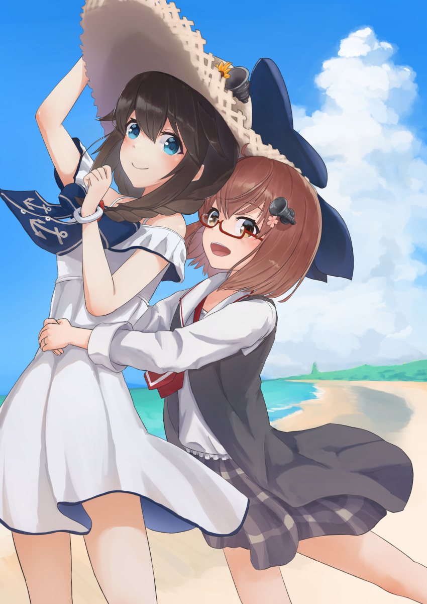 2girls ahoge beach bespectacled black_hair black_vest blue_bow blue_eyes blue_sky bow bracelet braid clouds collared_shirt cosplay costume_switch day dress dress_shirt glasses grey_skirt hair_flaps hair_over_shoulder hat highres horizon hug hug_from_behind jewelry kantai_collection long_hair multiple_girls necktie ocean open_mouth outdoors plaid plaid_skirt red-framed_eyewear red_necktie shigure_(kancolle) shigure_kai_ni_(kancolle) shigure_kai_ni_(kancolle)_(cosplay) shirt single_braid skirt sky smile straw_hat sundress vest white_dress white_headwear white_shirt yuki_4040 yukikaze_(kancolle) yukikaze_(kancolle)_(cosplay)