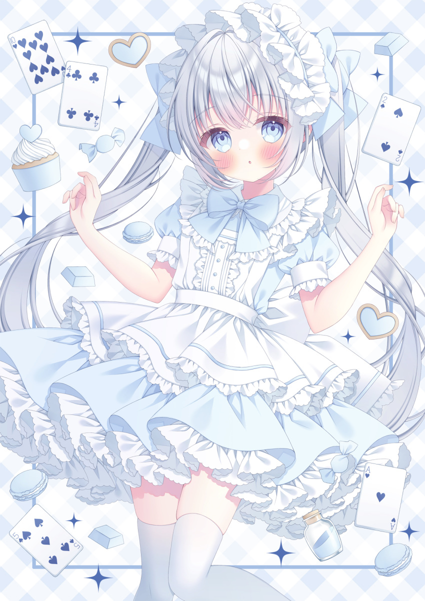 1girl blue_eyes blush food frills hairband highres long_hair macaron maid original puu_(kari---ume) white_background white_hair