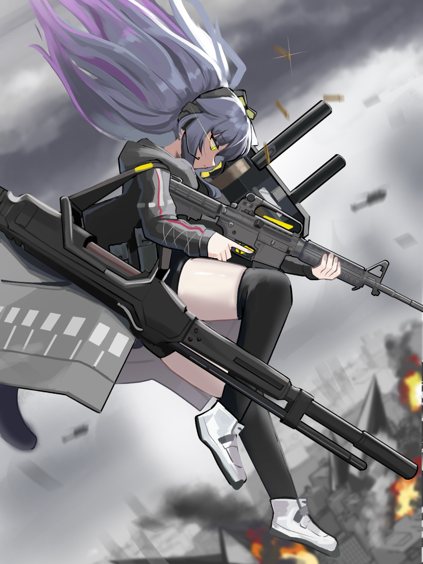1girl animal_ears arknights assault_rifle black_hair black_shorts black_thighhighs blurry blurry_background cat_ears closed_mouth clouds cloudy_sky commentary depth_of_field english_commentary eye_trail fire floating_hair from_side glint green_eyes grey_jacket gun headphones headset highres holding holding_gun holding_weapon hood hood_down hooded_jacket jacket jessica_(arknights) jessica_the_liberated_(arknights) light_trail long_hair long_sleeves looking_ahead looking_down m4_carbine multicolored_hair outdoors ponytail profile puffy_long_sleeves puffy_sleeves purple_hair rifle shell_casing shoes short_shorts shorts sky solo streaked_hair thigh-highs tofudofu trigger_discipline weapon white_footwear
