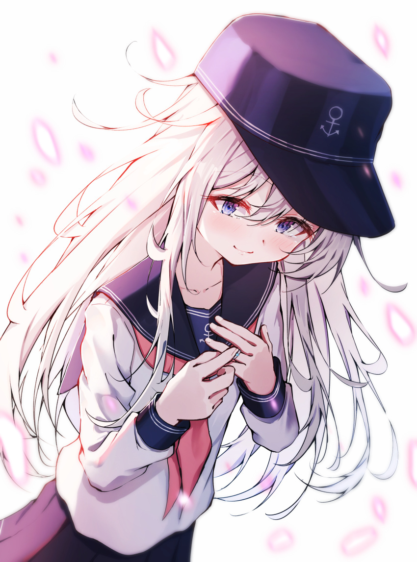 1girl absurdres anchor_symbol black_headwear black_sailor_collar black_skirt blue_eyes blush closed_mouth dfd flat_cap grey_hair hair_between_eyes hat hibiki_(kancolle) highres jewelry kantai_collection long_hair long_sleeves neckerchief red_neckerchief ring sailor_collar school_uniform serafuku simple_background skirt smile solo upper_body wedding_ring white_background