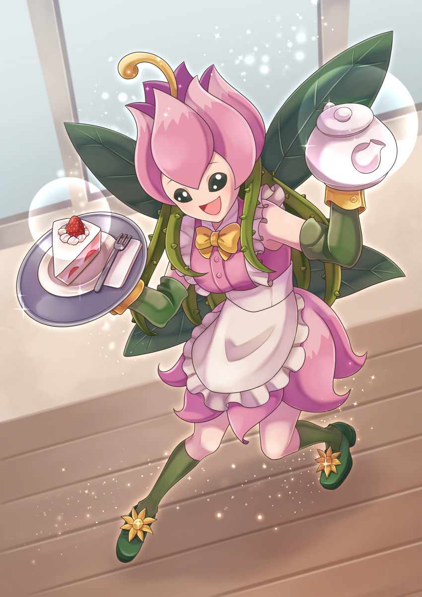 1girl absurdres apron cake cake_slice digimon digimon_(creature) dress elbow_gloves fairy flower food fork fruit full_body gloves green_footwear green_gloves green_socks highres holding holding_teapot holding_tray indoors leaf_wings lilimon looking_at_viewer maid monster_girl necktie open_mouth petals pink_dress plant plant_girl shoes smiliwisp socks solo strawberry teapot tray white_apron wooden_floor yellow_necktie
