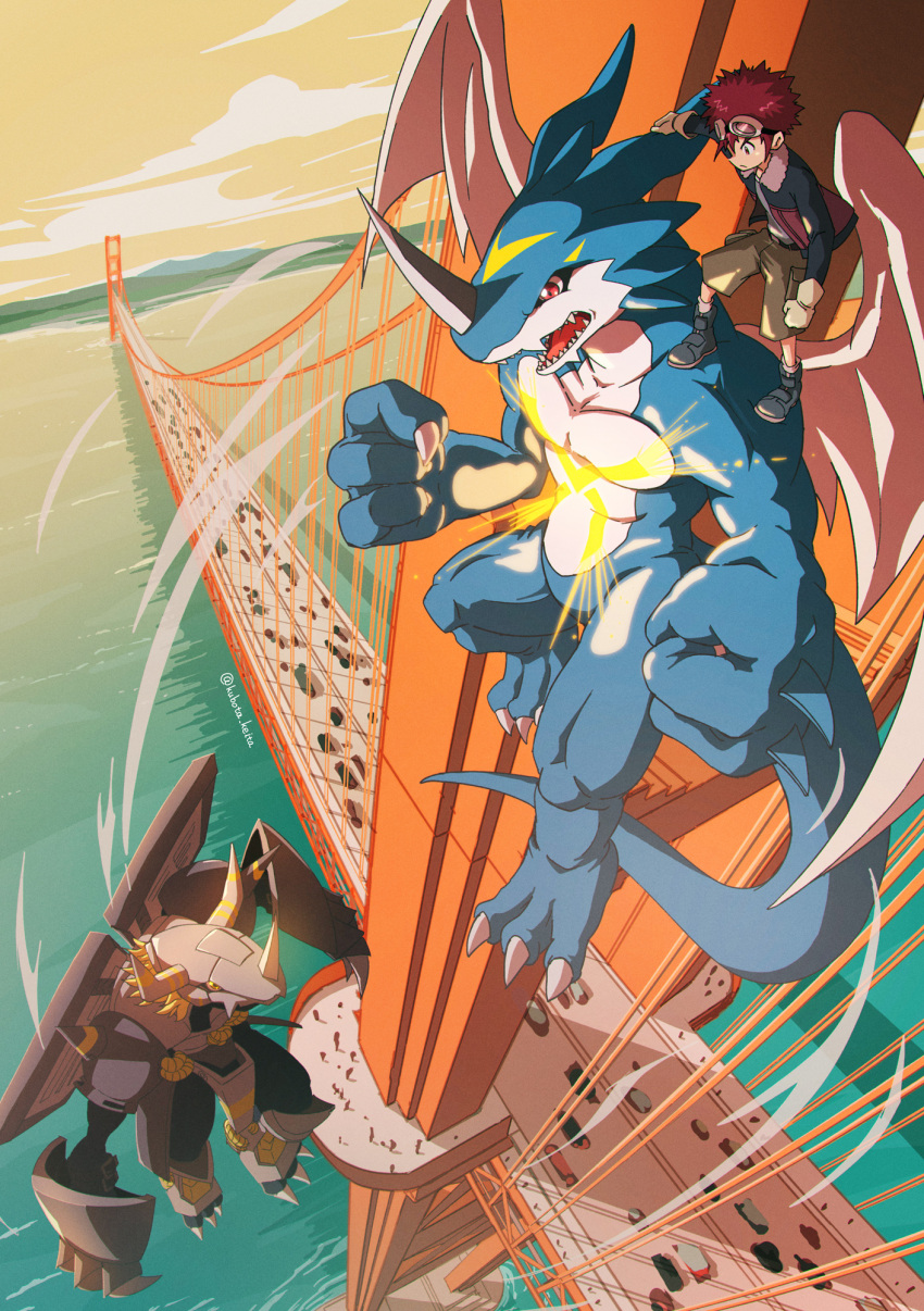 1boy 2others armor black_jacket blackwargreymon bridge brown_gloves brown_hair brown_shorts claws clenched_hands clouds digimon digimon_(creature) dragon flying fur-trimmed_jacket fur_trim gloves goggles goggles_on_head highres jacket kubota_keita motomiya_daisuke multiple_others open_clothes open_jacket open_mouth outdoors shirt shoes short_hair shorts sky suspension_bridge tail water white_shirt wings xv-mon yellow_sky