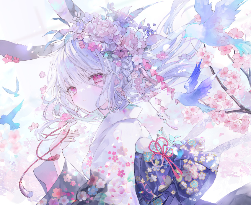 1girl animal animal_ears bird branch commentary floating_hair floral_print flower from_side grey_hair hair_between_eyes hair_flower hair_ornament hand_up highres japanese_clothes kimono long_hair long_sleeves looking_at_viewer looking_to_the_side onineko original pink_flower print_kimono rabbit_ears solo symbol-only_commentary upper_body violet_eyes white_flower white_kimono wide_sleeves
