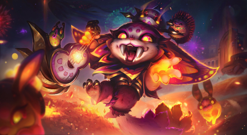 1boy absurdres animal claws fireworks frog glowing gnar_(league_of_legends) hedgehog highres league_of_legends looking_at_viewer multicolored_eyes official_art open_mouth outdoors pink_eyes pointy_ears rabbit teeth yellow_eyes yordle
