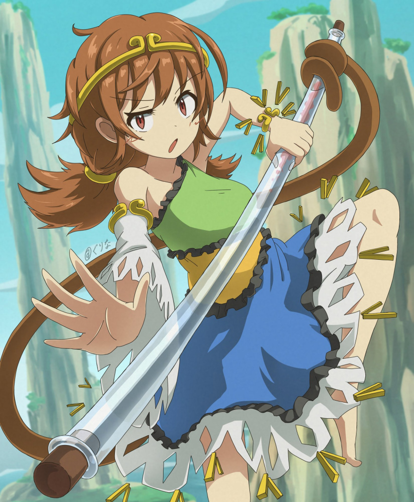 1girl bangle bare_shoulders barefoot blue_dress blue_sky bracelet brown_eyes brown_hair circlet clouds collarbone commentary_request copyright_request dragon_ball dress eyelashes frilled_dress frills green_dress gurina_15 highres holding holding_staff jewelry leg_up long_sleeves looking_at_viewer low_twintails medium_hair monkey_tail mountain multicolored_clothes multicolored_dress open_mouth outdoors outstretched_arm parody prehensile_tail reaching retro_artstyle ruyi_jingu_bang short_dress single_sleeve single_strap sky sleeveless sleeveless_dress son_biten staff tail touhou twintails twitter_username wavy_eyebrows white_sleeves wide_sleeves yellow_dress