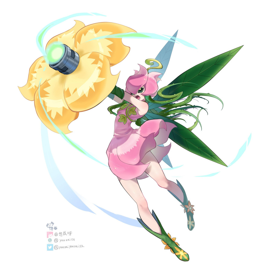 1girl boots digimon digimon_(creature) fairy flower full_body green_footwear highres knee_boots leaf_wings lilimon monster_girl open_mouth petals plant plant_girl simple_background solo twitter_logo twitter_username watermark white_background youzaiyouzai112