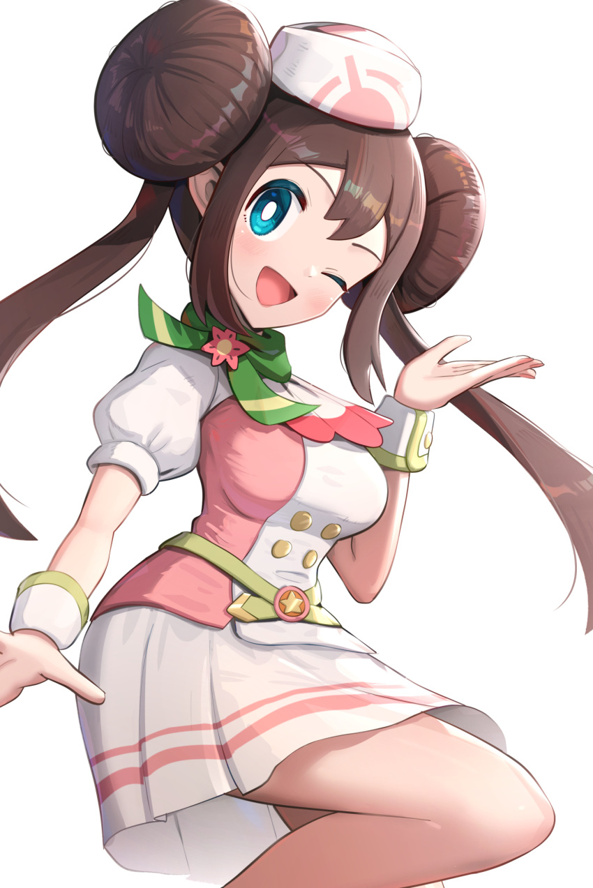 1girl blue_eyes breasts brown_hair double_bun gonzarez hair_bun hand_up highres knee_up looking_at_viewer medium_breasts official_alternate_costume one_eye_closed open_mouth pokemon pokemon_(game) pokemon_bw2 rosa_(pokemon) rosa_(special_costume)_(pokemon) smile solo white_background wrist_cuffs