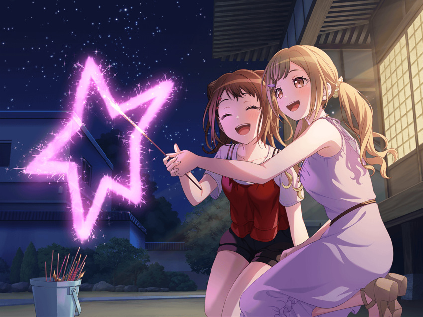 2girls bang_dream! blonde_hair dress east_asian_architecture house ichigaya_arisa japanese_architecture long_hair night night_sky official_art open_mouth smile sparkler star star_(sky) star_hair_ornament toyama_kasumi twintails yellow_eyes