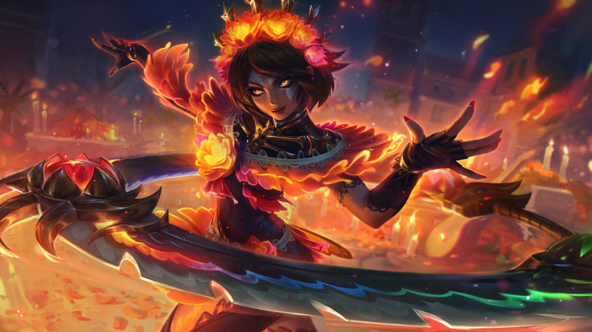 1girl absurdres black_gloves candle dark-skinned_female dark_skin fingerless_gloves flower frills gloves hair_flower hair_ornament hands_up highres house league_of_legends nail_polish night official_art outdoors qiyana_(league_of_legends) red_flower red_lips redhead short_hair smile solo weapon yellow_eyes