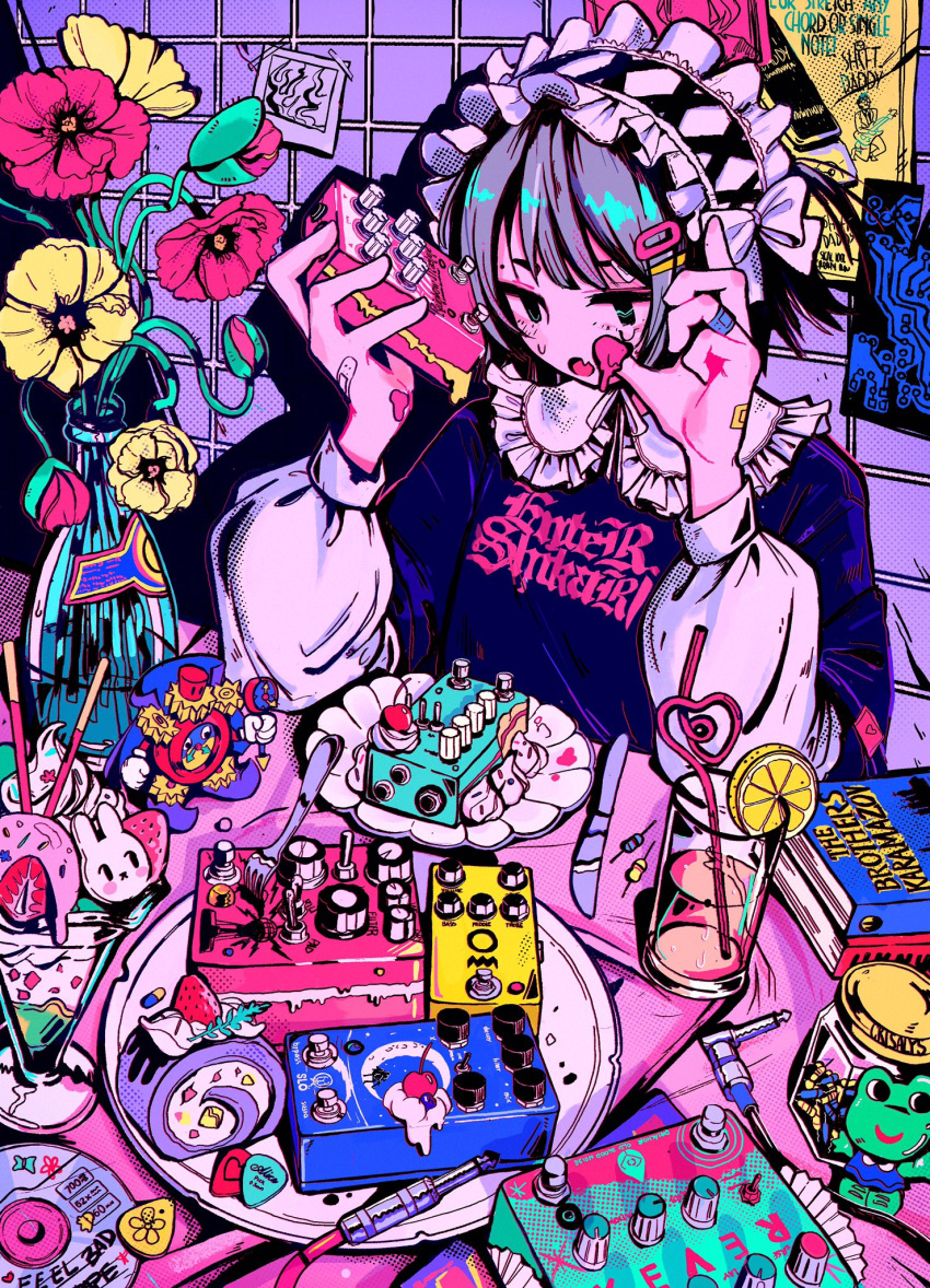 1girl bandaid bandaid_on_hand black_shirt book cake cd cherry crazy_straw crisalys cup drinking_straw duel_monster effects_pedal flower food fork frilled_hairband frills fruit grey_hair hair_ornament hairband hairclip halftone hands_up highres holding knife lemon lemon_slice long_sleeves open_mouth original parfait plant plate plectrum pocky poster_(object) print_shirt red_flower shadow shirt solo strawberry table tile_wall tiles time_wizard upper_body wire yellow_flower yu-gi-oh!