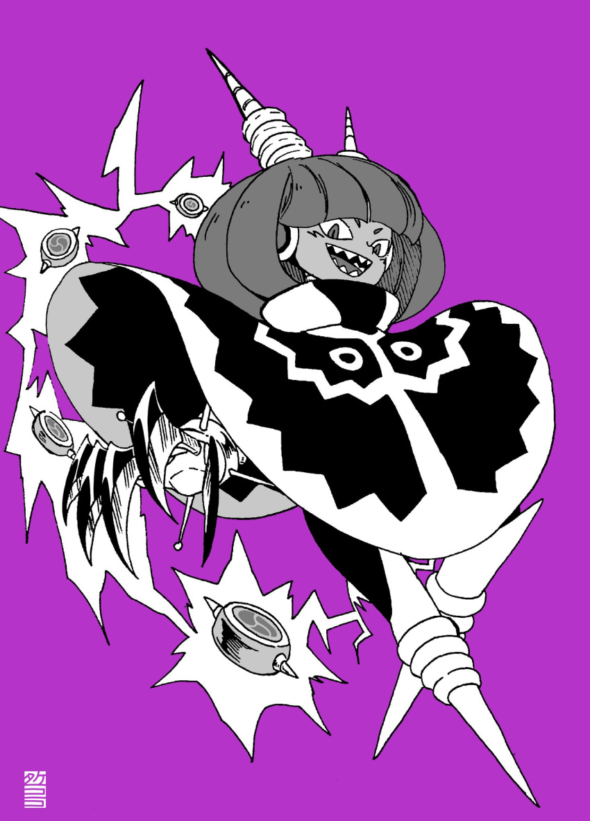 1girl bob_cut cape commentary_request dynatron_(mighty_no._9) electricity full_body highres horns looking_at_viewer mighty_no._9 mitsudomoe_(shape) no_feet open_mouth purple_background robot robot_girl seal_impression sharp_teeth short_hair simple_background slit_pupils smile solo takenokonoko teeth tomoe_(symbol) v-shaped_eyebrows