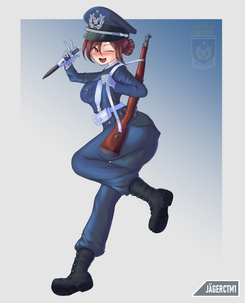 1girl absurdres army black_footwear blush bolt_action brown_hair chile clip_studio_paint_(medium) gun hat highres jagerctm1 looking_at_viewer mauser_98 military military_hat military_uniform open_mouth original rifle simple_background smile solo uniform weapon white_background