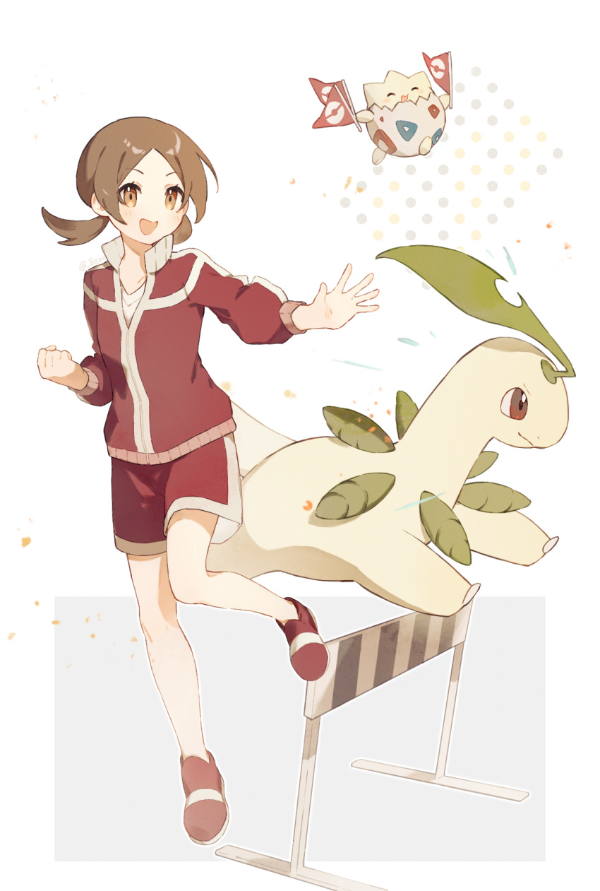 1girl :d bayleef blush brown_eyes brown_hair clenched_hand commentary_request erua_(_8eru) eyelashes highres jacket knees long_hair lyra_(pokemon) open_mouth parted_bangs pokemon pokemon_(creature) pokemon_(game) pokemon_hgss red_footwear red_jacket red_shorts shirt shoes shorts smile spread_fingers togepi twintails white_shirt
