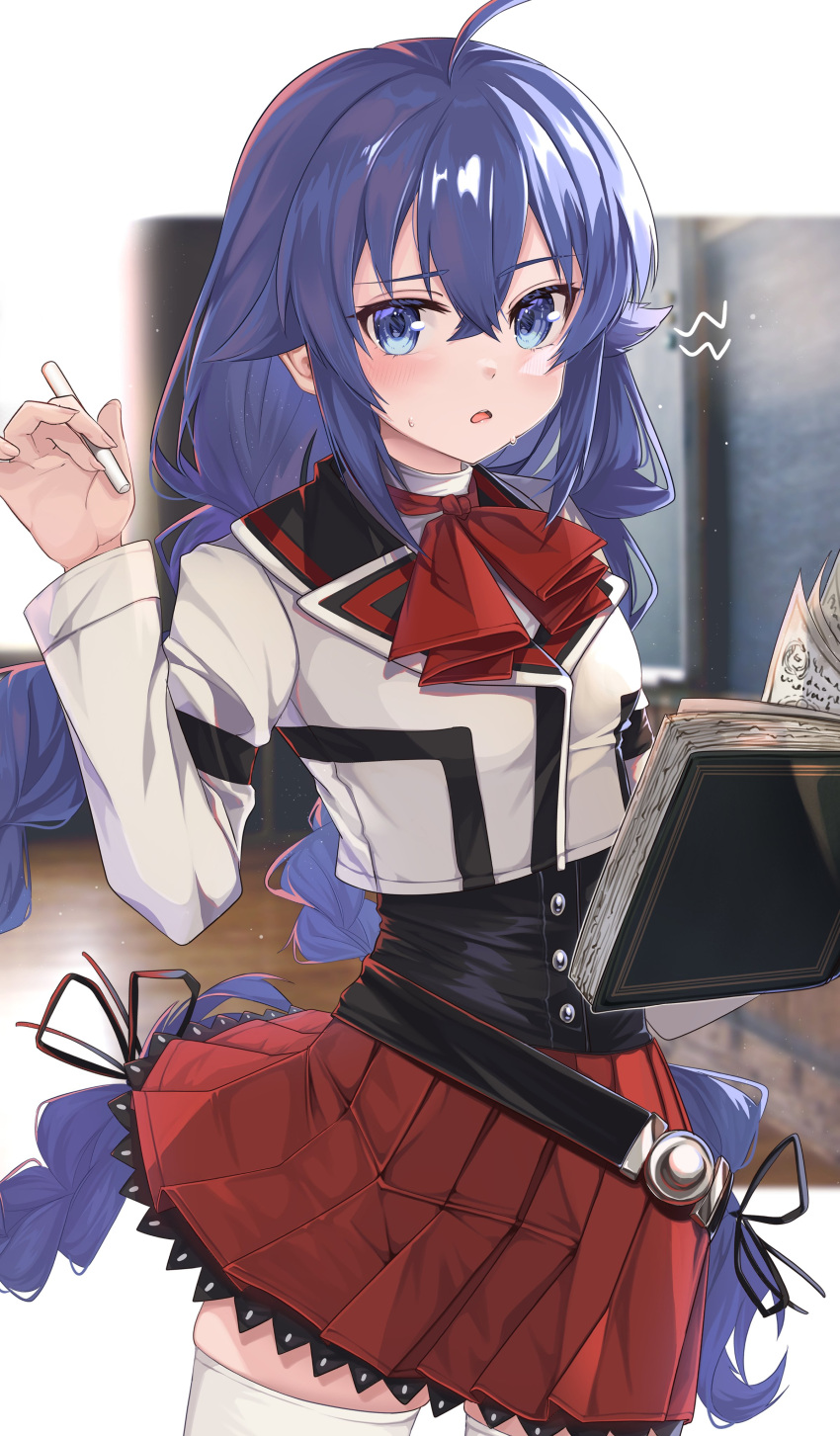 1girl absurdres ahoge ascot baba_kirika belt black_belt blue_eyes blue_hair book braid cropped_jacket highres holding holding_book jacket looking_at_viewer mushoku_tensei red_ascot red_skirt roxy_migurdia skirt solo thigh-highs twintails white_jacket white_thighhighs