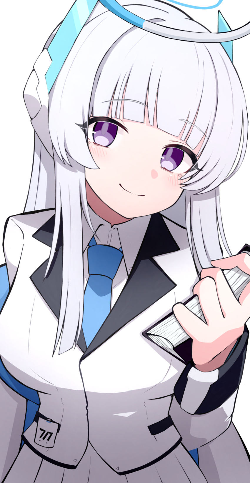 1girl blue_archive blue_necktie blunt_bangs blush book closed_mouth halo highres holding holding_book long_hair long_sleeves looking_at_viewer mechanical_halo necktie noa_(blue_archive) simple_background skirt smile solo violet_eyes white_background white_hair white_halo white_skirt yun_(kbdenz9)
