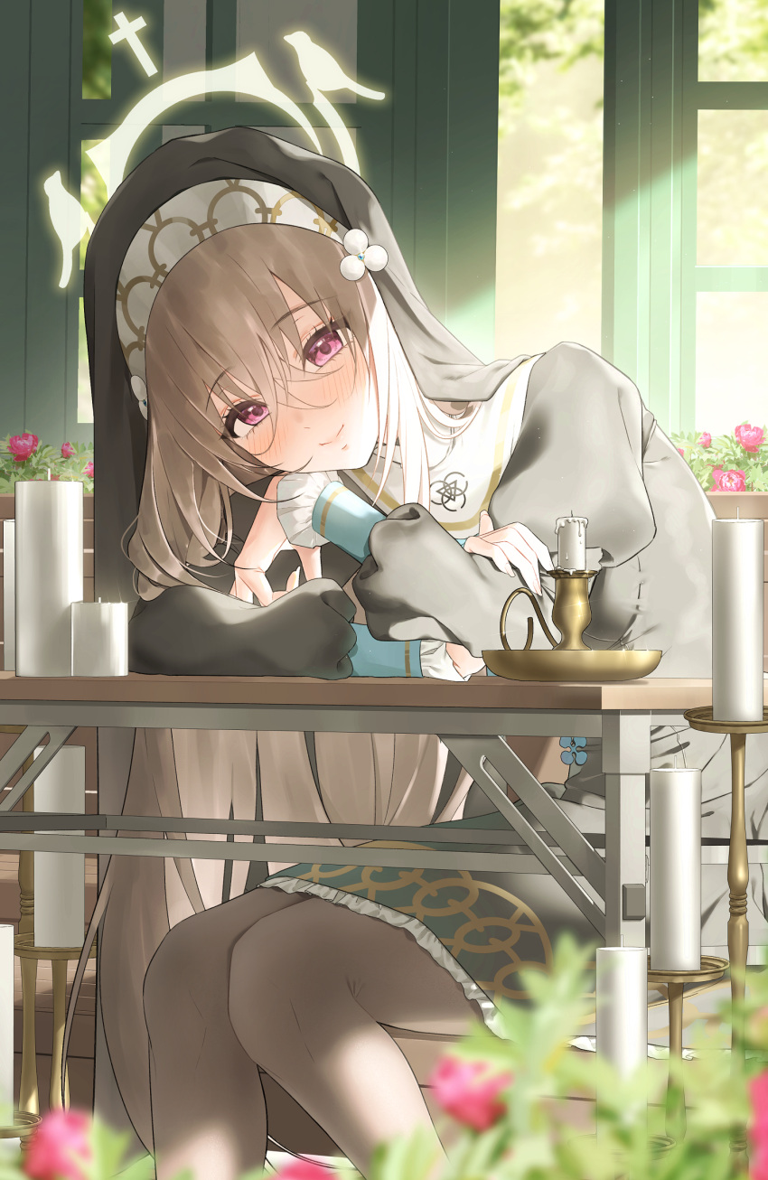 1girl bibi_(user_egtz4573) blue_archive blush candle candlestand closed_mouth commentary crossed_bangs desk flower frilled_sleeves frills grey_hair habit hair_between_eyes halo highres indoors leaning_forward long_sleeves nun pantyhose sakurako_(blue_archive) sitting smile symbol-only_commentary violet_eyes
