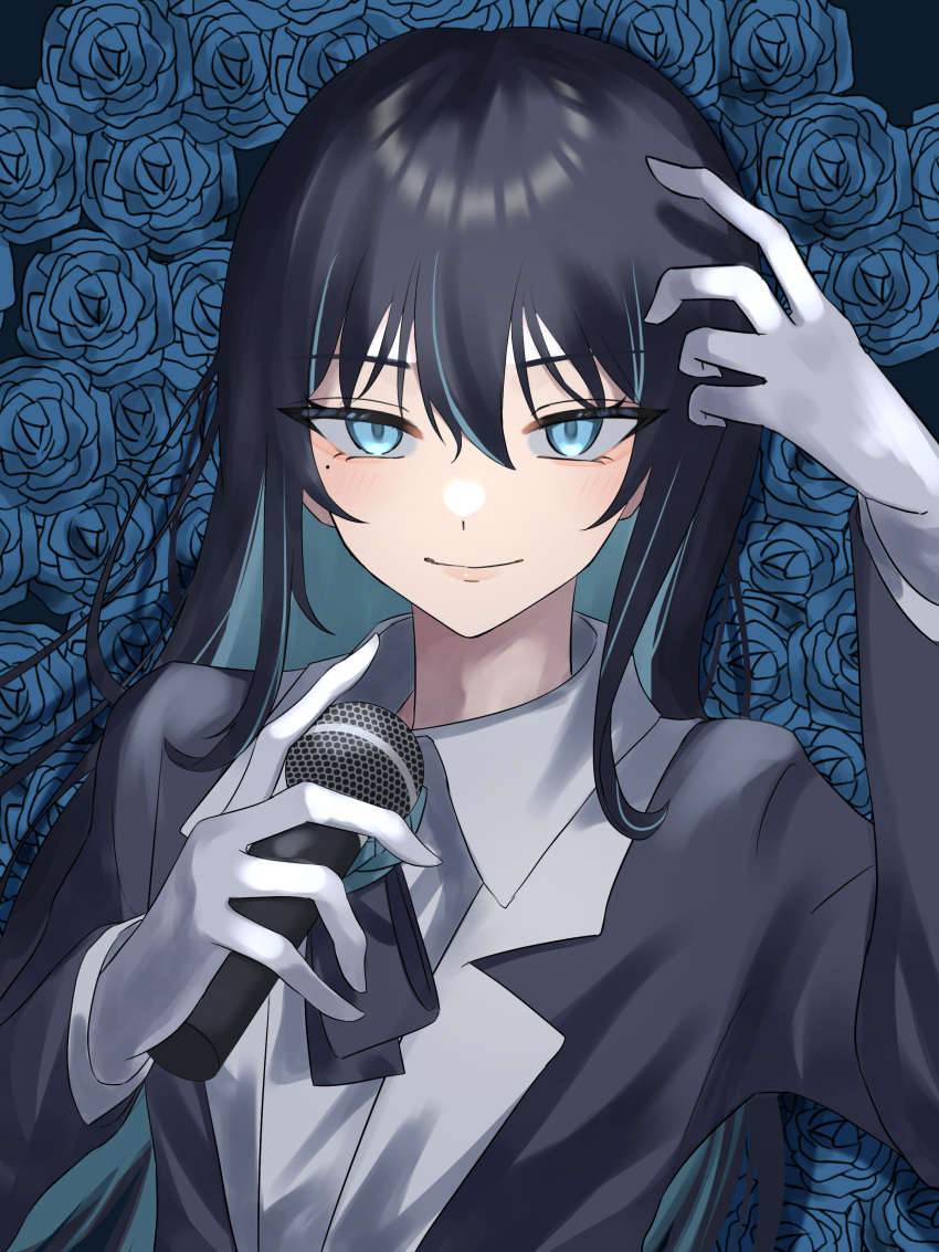 1girl absurdres ado_(utaite) black_hair black_jacket blue_eyes blue_flower blue_hair blue_rose blush closed_mouth cloud_nine_inc colored_inner_hair commentary flower gloves hair_between_eyes highres holding holding_microphone jacket long_hair long_sleeves looking_at_viewer microphone mole mole_under_eye multicolored_hair rose shirt smile solo streaked_hair tsukuno_tsuki upper_body utaite white_gloves white_shirt