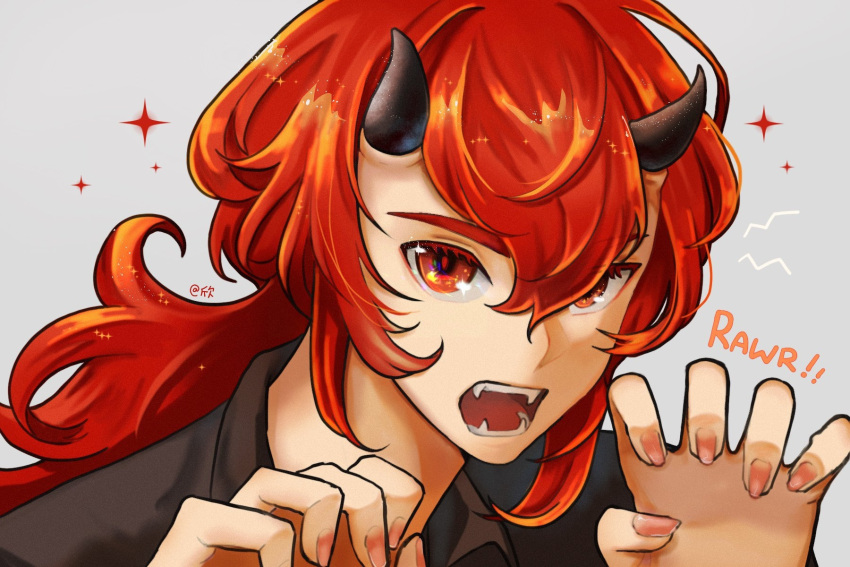 1boy black_hair black_horns black_shirt collared_shirt diluc_(genshin_impact) fangs genshin_impact grey_background hair_between_eyes hands_up highres horns long_hair looking_at_viewer male_focus open_mouth pink_nails red_eyes shirt simple_background solo sparkle xindi