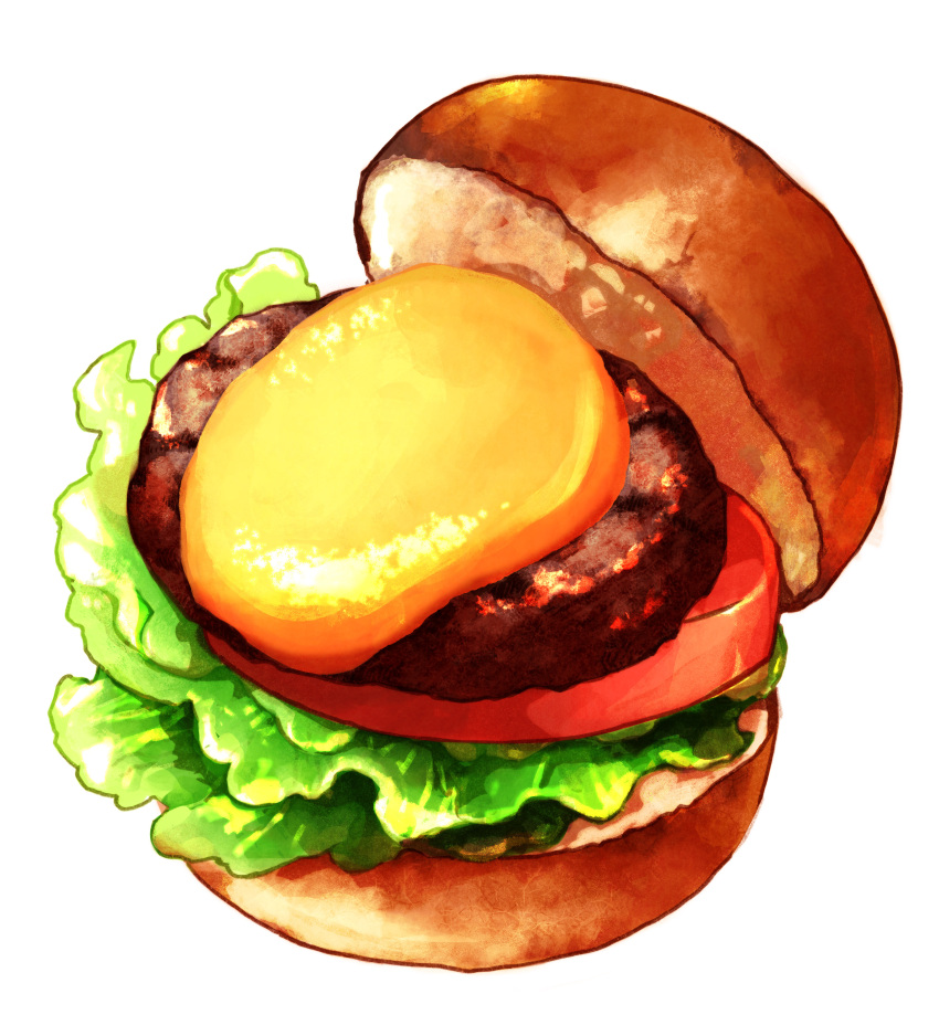 absurdres burger cheese commentary_request food food_focus highres lettuce meat no_humans oikawa_2301 original shadow simple_background still_life tomato tomato_slice white_background