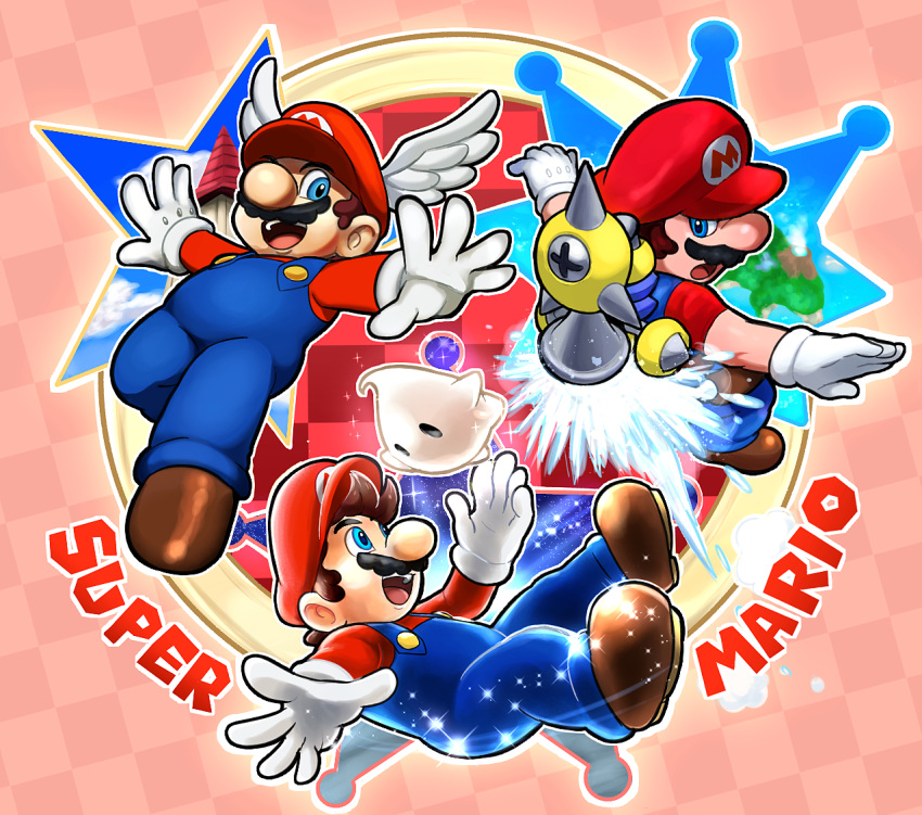 1boy blue_eyes blue_overalls commentary f.l.u.d.d. full_body hoshi_(star-name2000) long_sleeves luma_(mario) mario multiple_persona overalls red_headwear red_shirt shirt short_hair short_sleeves super_mario_64 super_mario_bros. super_mario_galaxy super_mario_sunshine upper_body wings