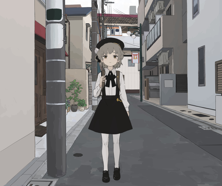 1girl absurdres alley arm_at_side backpack bag beret black_headwear black_ribbon black_skirt brown_eyes building city collared_shirt commentary dress_shirt expressionless grey_hair hair_ribbon hat hatoba_tsugu highres holding_strap lamppost long_sleeves looking_at_viewer medium_hair mole mole_under_eye outdoors overcast pantyhose plant potted_plant power_lines ribbon rurikino_(ruriiro_kinoko) shirt shirt_tucked_in single_hair_ring skirt sky solo standing straight-on street_gutter suspender_skirt suspenders tsugu_(vtuber) urban utility_pole virtual_youtuber white_pantyhose white_shirt