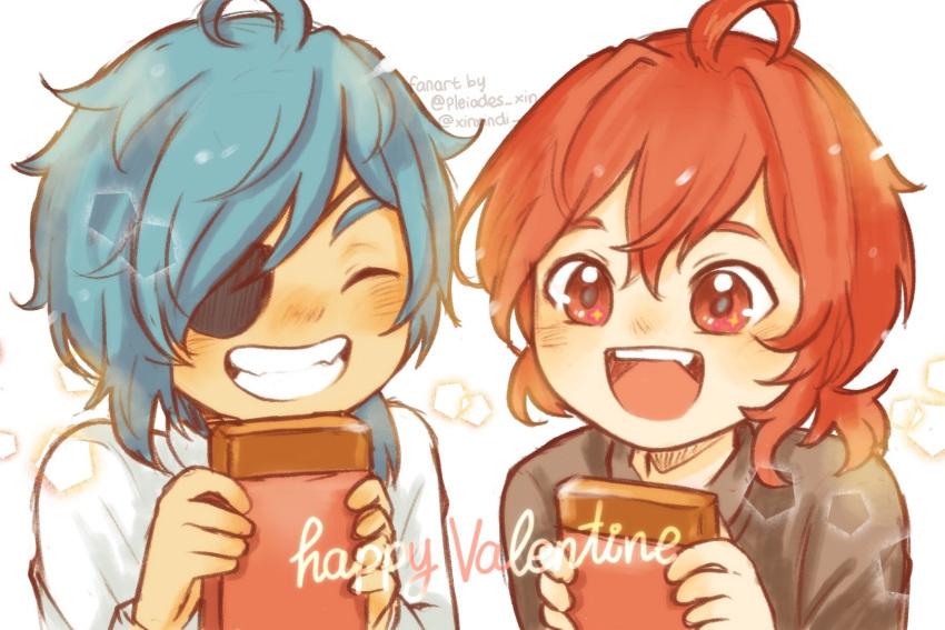 2boys black_shirt blue_hair blush chocolate closed_eyes diluc_(genshin_impact) eyepatch food genshin_impact happy_valentine highres holding holding_chocolate holding_food kaeya_(genshin_impact) male_focus multiple_boys open_mouth redhead shirt smile white_background white_shirt xindi