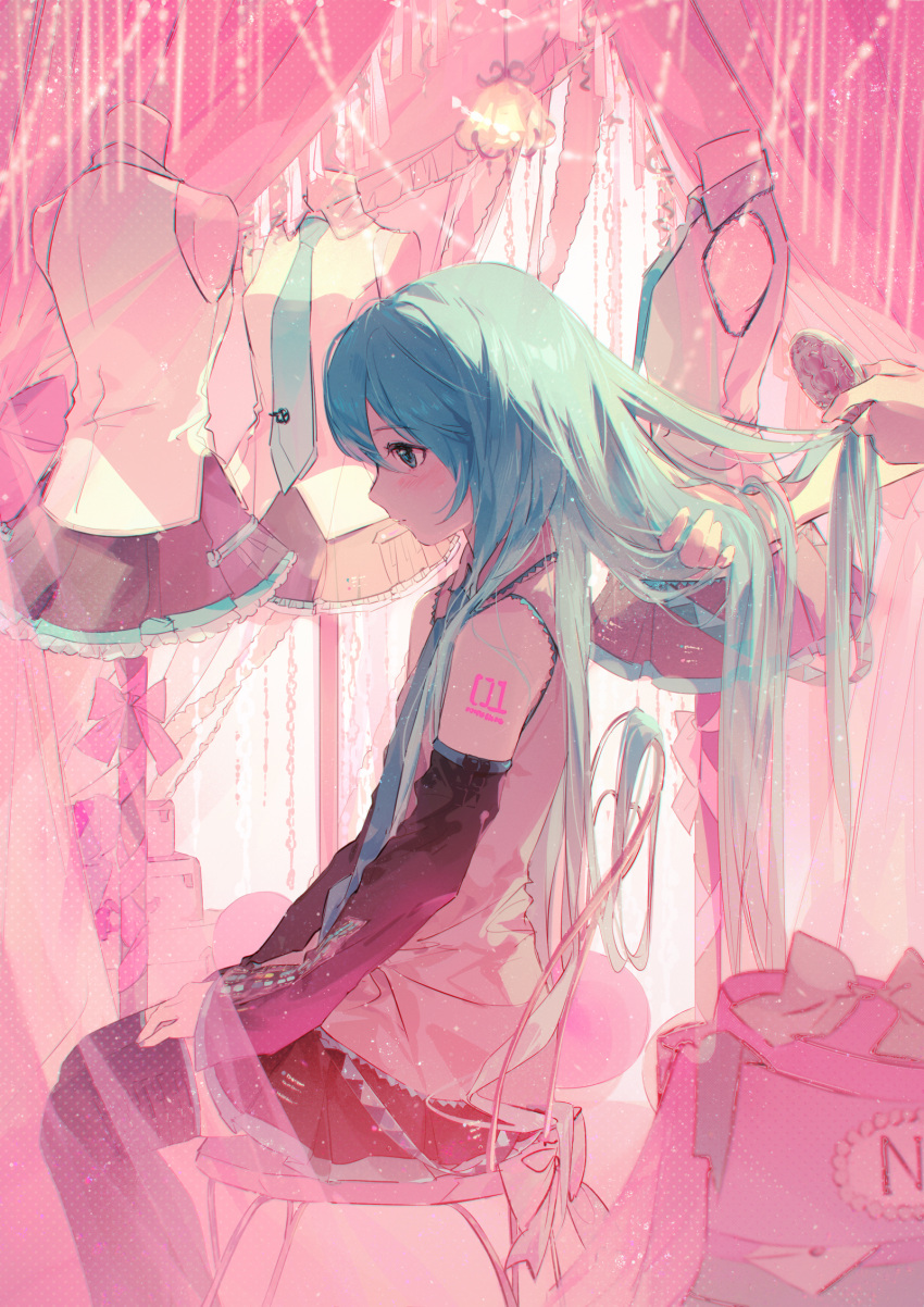 1girl alternate_hairstyle aqua_eyes aqua_necktie balabling black_skirt black_sleeves black_thighhighs blush box brushing_another's_hair brushing_hair commentary_request cowboy_shot curtains detached_sleeves from_side hair_brush hair_down hatsune_miku highres indoors long_hair looking_down mannequin necktie number_tattoo pink_ribbon pink_theme pleated_skirt ribbon shirt shoulder_tattoo sitting skirt sleeveless sleeveless_shirt solo_focus tattoo thigh-highs vocaloid white_ribbon white_shirt