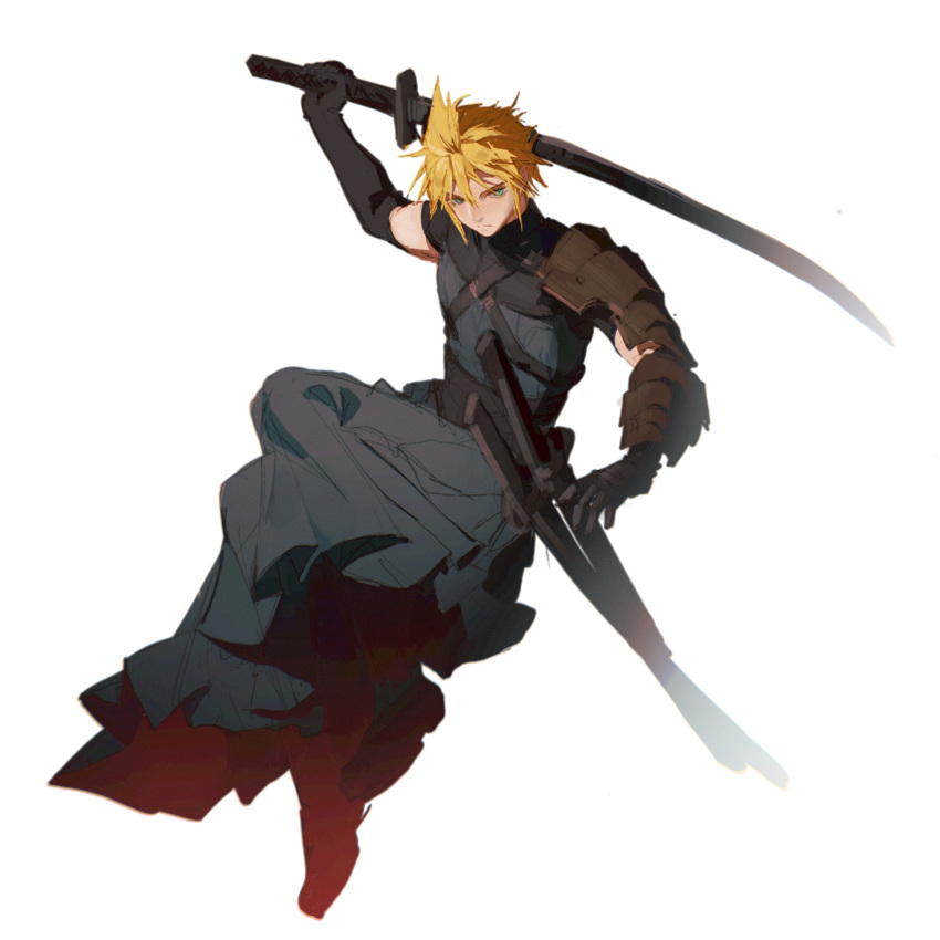1boy arm_up armor black_footwear black_gloves black_hakama blonde_hair blue_eyes chest_strap closed_mouth cloud_strife commentary elbow_gloves final_fantasy final_fantasy_vii final_fantasy_vii_ever_crisis full_body gloves hakama hakama_pants highres holding holding_sword holding_weapon japanese_clothes katana knees_up kojimarie male_focus official_alternate_costume pants samurai serious sheath sheathed short_hair shoulder_armor solo spiky_hair sword weapon white_background