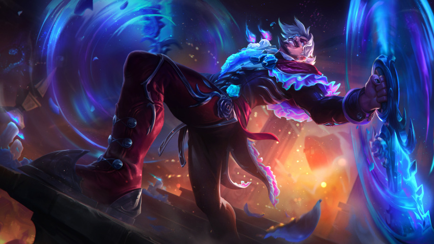 1boy absurdres black_sclera blue_eyes capelet colored_sclera draven dual_wielding facial_hair fire frilled_capelet frills goatee grin highres holding holding_weapon jacket league_of_legends long_sleeves looking_up male_focus nail_polish official_alternate_costume official_art pants red_capelet red_footwear red_jacket red_nails red_pants shoes smile solo teeth weapon