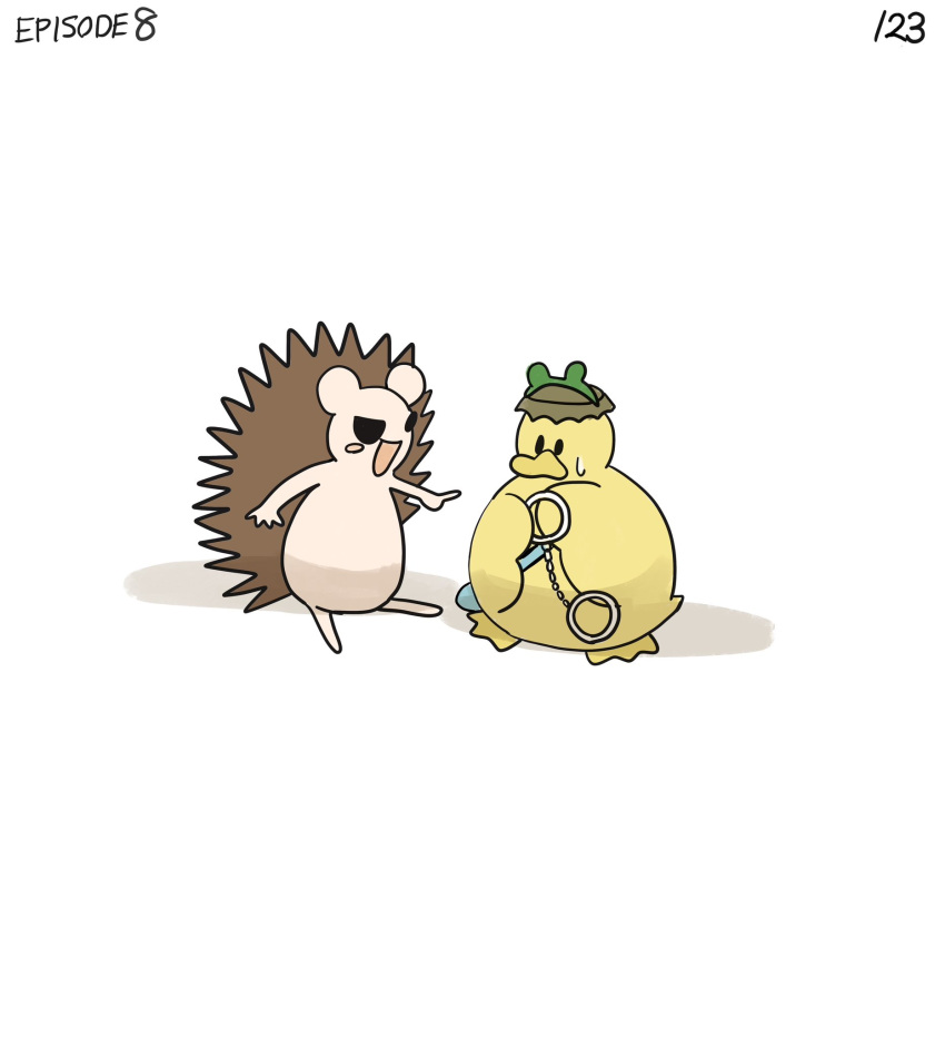 :d bag belt bird bottle_cap cuffs dancing diva_(hyxpk) duck duckling english_commentary english_text frog_headband handcuffs hat hedgehog highres mouse no_humans numbered original page_number pointing shoulder_bag simple_background smile sweatdrop thumbs_up white_background