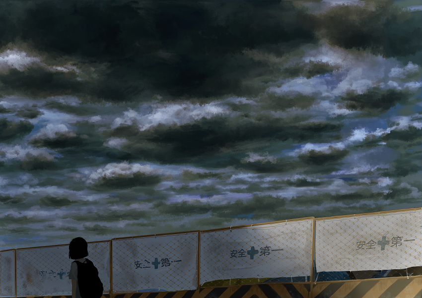 1girl absurdres backpack bag black_hair blunt_ends bob_cut chain-link_fence clouds commentary dark_clouds day facing_away fence highres original outdoors overcast scenery shade shirt short_hair short_sleeves sky sky_focus solo translation_request upper_body white_shirt wide_shot yaijima