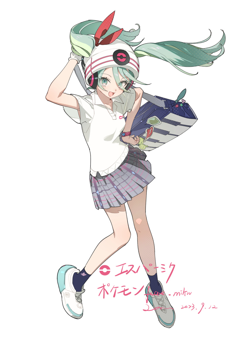 1girl absurdres aqua_eyes aqua_hair bag black_socks breasts carrying_bag green_eyes green_hair hand_on_own_hip hat hatsune_miku headphones highres long_hair looking_at_viewer open_mouth plaid plaid_skirt pokemon pokemon_(game) project_voltage shirt shoes short_sleeves simple_background skirt sneakers socks solo sticker twintails vocaloid white_background zhibuji_loom