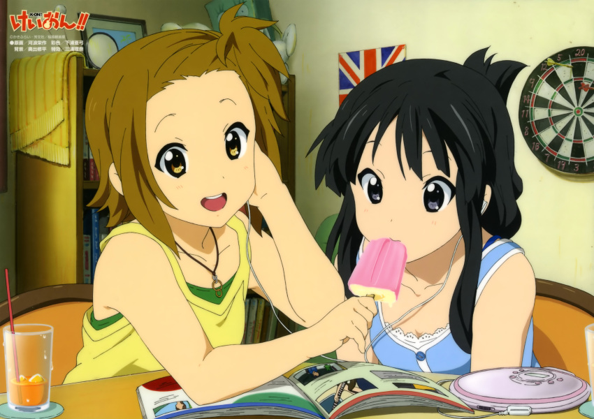 absurdres akiyama_mio alternate_hairstyle asymmetrical_hair casual dartboard earphones glass headphones high_ponytail highres jewelry k-on! kawanami_eisaku multiple_girls necklace popsicle tainaka_ritsu union_jack