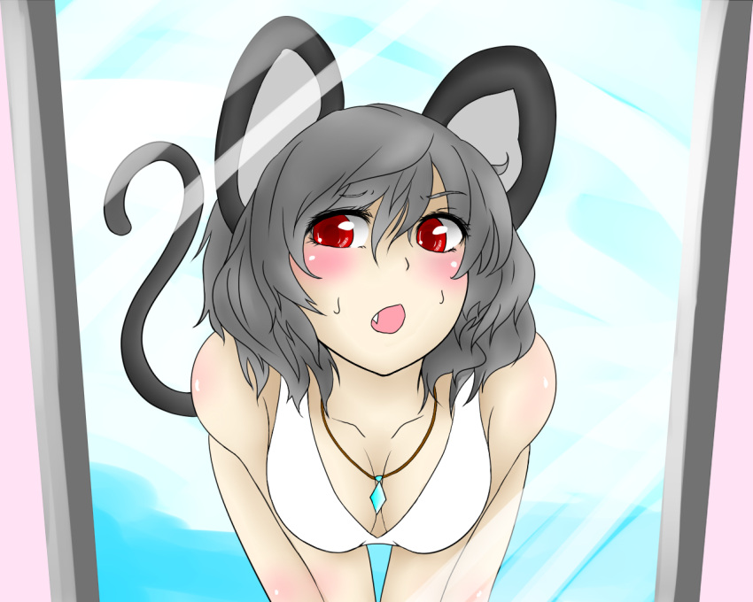 bad_id bent_over bikini blush breasts cleavage down_blouse fang grey_hair jewelry leaning_forward mirror moniringo mouse_ears mouse_tail nazrin open_mouth pendant pov red_eyes short_hair solo swimsuit tail touhou