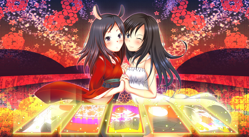 blue_eyes blush card deer_ears dress dual_persona floating_card flower hanafuda highres holding_hands long_hair nukunuku_(hinataboltuko) purple_eyes shinohara_natsuki summer_wars violet_eyes wink