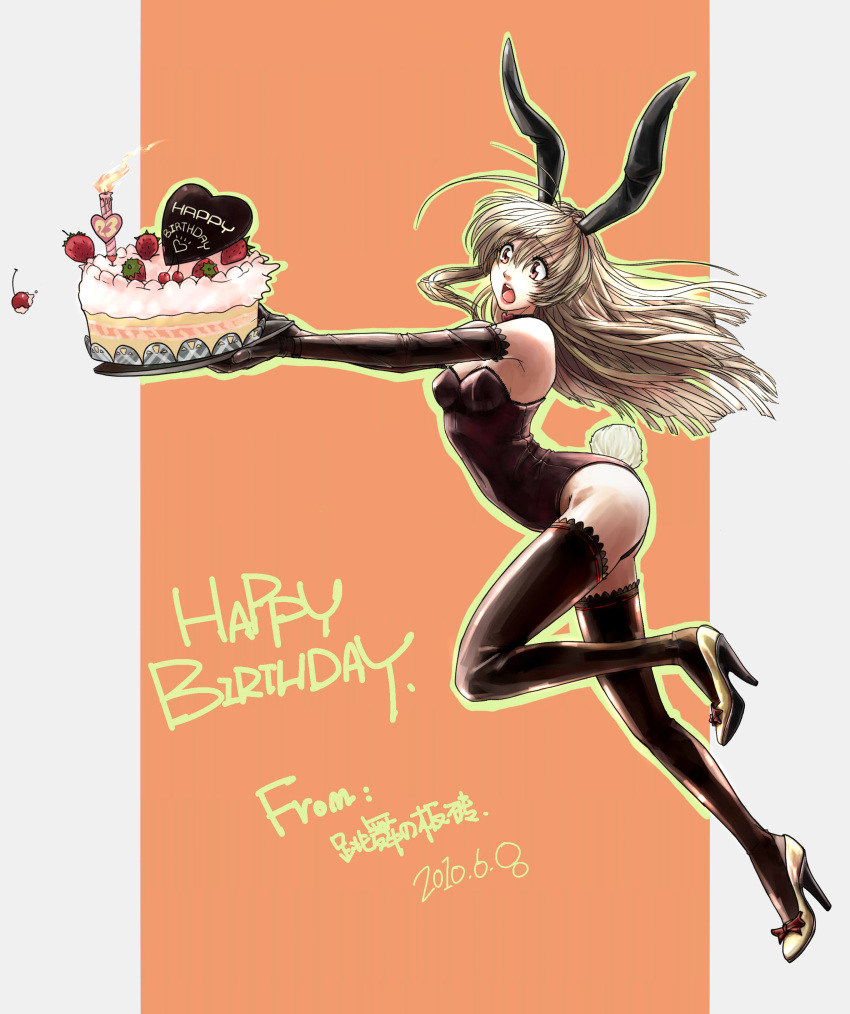 animal_ears birthday_cake blonde_hair brown_eyes bunny_ears bunnysuit cake candle elbow_gloves food gloves high_heels highres long_hair original rabbit_ears shoes solo thigh-highs thighhighs waitlion