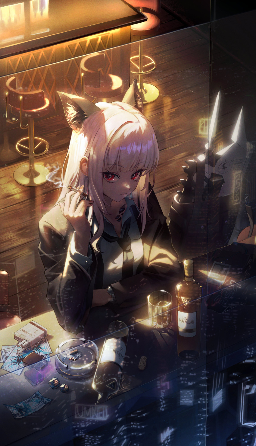 1girl absurdres animal_ear_fluff animal_ears arknights ashtray bar_stool between_fingers black_jacket black_necktie bottle cigarette cigarette_pack closed_mouth commentary frostleaf_(arknights) hand_up highres holding holding_cigarette indoors isolatediev jacket long_hair long_sleeves looking_at_viewer necktie open_clothes open_jacket red_eyes reflection shirt solo stool watch watch white_hair white_shirt wooden_floor