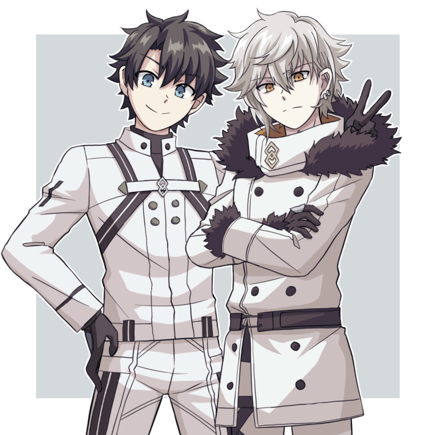 2boys black_gloves black_hair blue_eyes closed_mouth crossed_arms ear_piercing fate/grand_order fate_(series) frown fujimaru_ritsuka_(male) fujimaru_ritsuka_(male)_(decisive_battle_chaldea_uniform) gloves hand_on_own_hip highres jacket kadoc_zemlupus long_sleeves looking_at_viewer multiple_boys pants piercing short_hair simple_background smile v white_hair woodenmosaic yellow_eyes